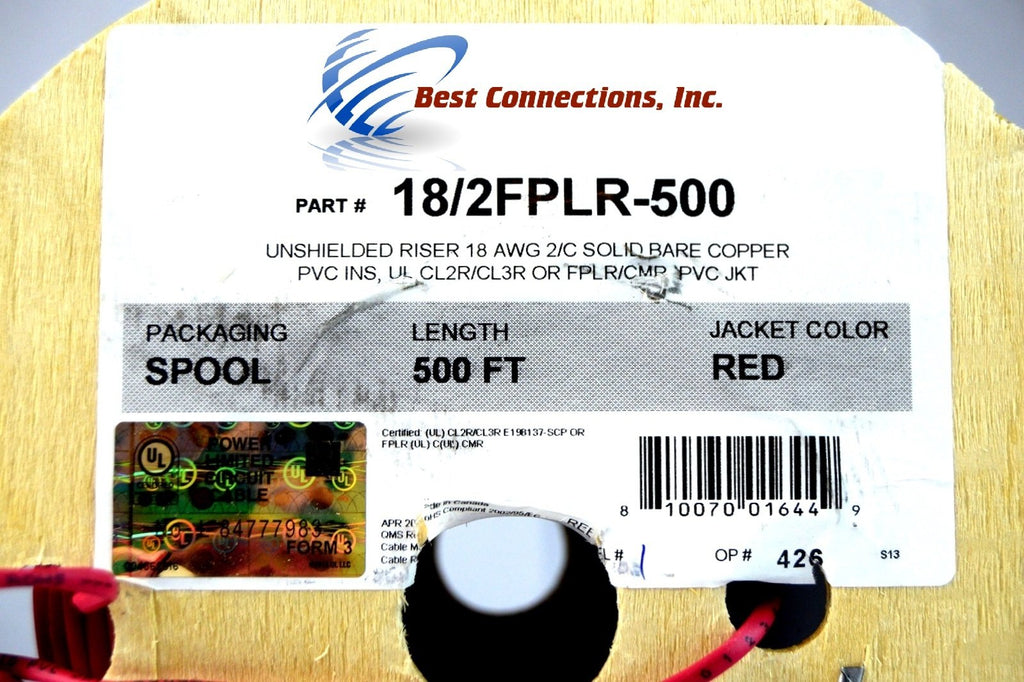 2C/18 AWG SOLID COPPER RED FIRE ALARM WIRE SECURITY CABLE FPLR PVC 500 FT UL