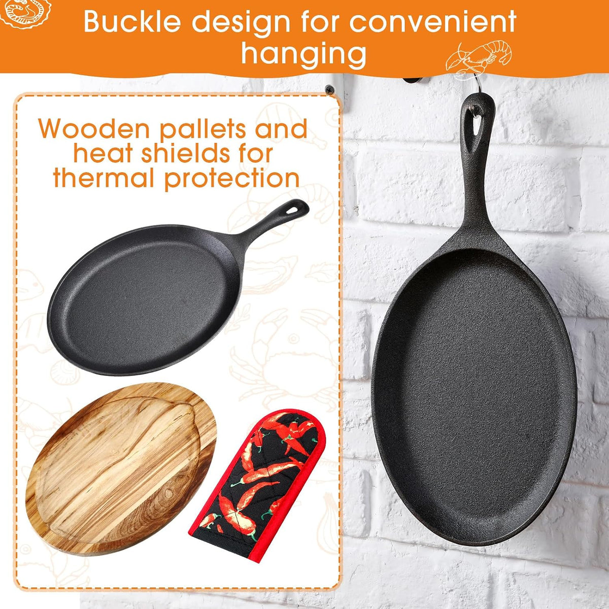 Cast Iron Fajita Skillet, Wooden Tray, Protective Mitt, 4 Sets