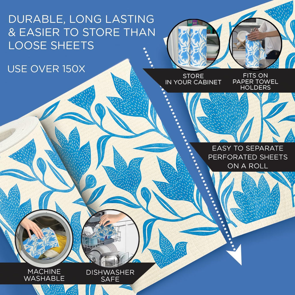 Swedish Dishcloths XL on a Roll, 30 Sheets, Floral Pattern, Perforated Tear-Off 11" x 10" Sheets w/Hook, Reusable