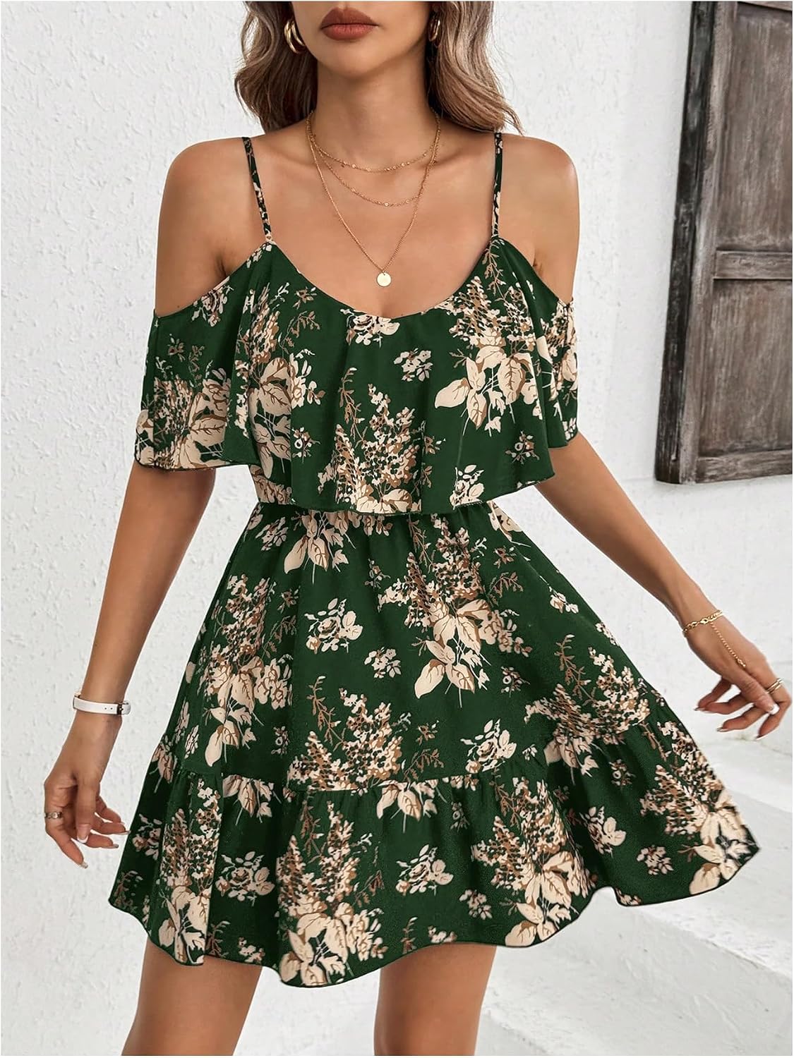 Women's Summer Floral Mini Dress Cold Shoulder Ruffle Dresses