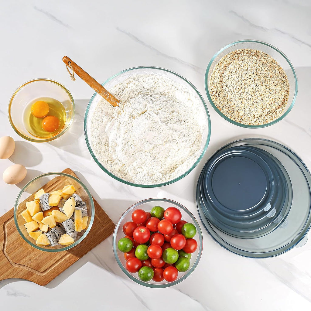 Glass Mixing Bowls with Lids Set of 5(4.78QT,2.2QT,1.7QT,1.1QT,0.85QT),Thick Glass Nesting Bowls for Kitchen