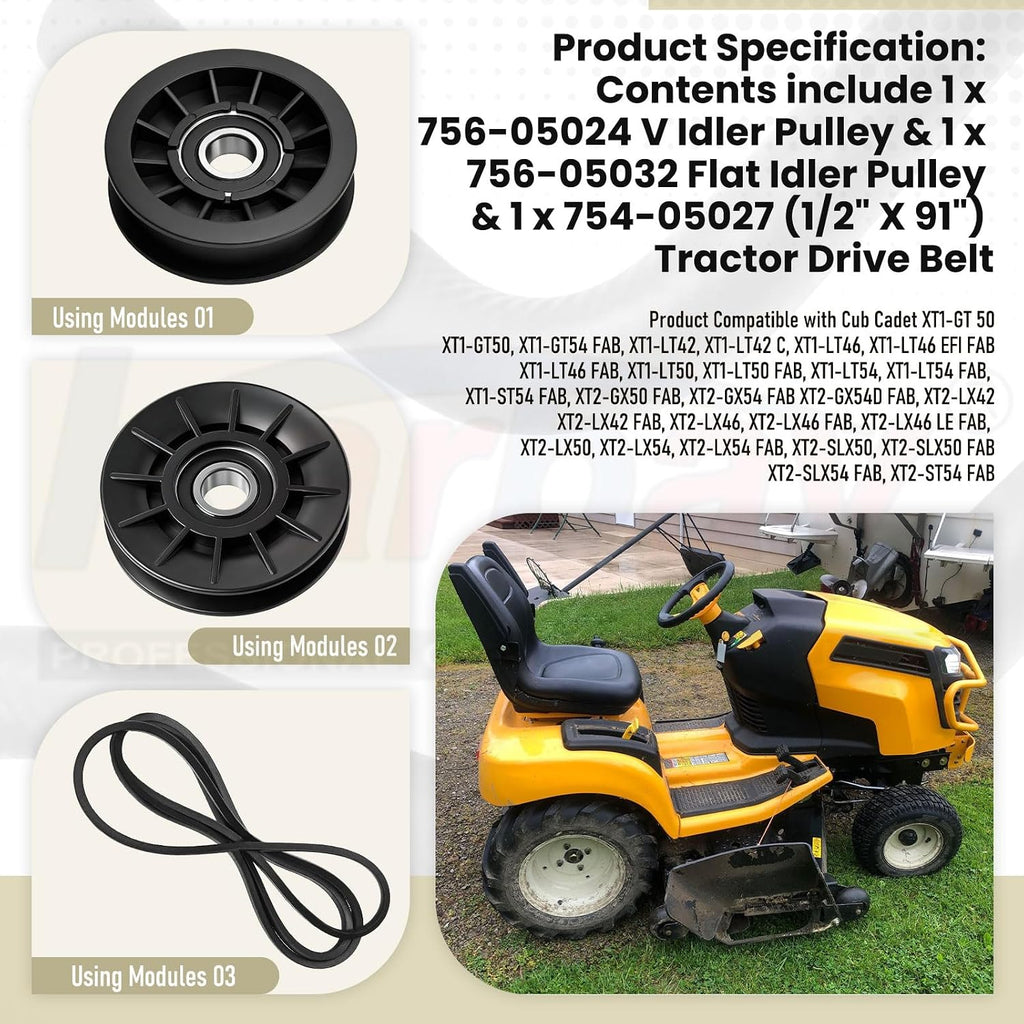 756-05024 V Idler Pulley & 756-05032 Flat Idler Pulley & 754-05027 (1/2" X 91") Tractor Drive Belt Compatible with Cub Cadet Mtd Gt50 Gt54 Lt42 Gt Xt1 Xt2 Zt1 Zt2