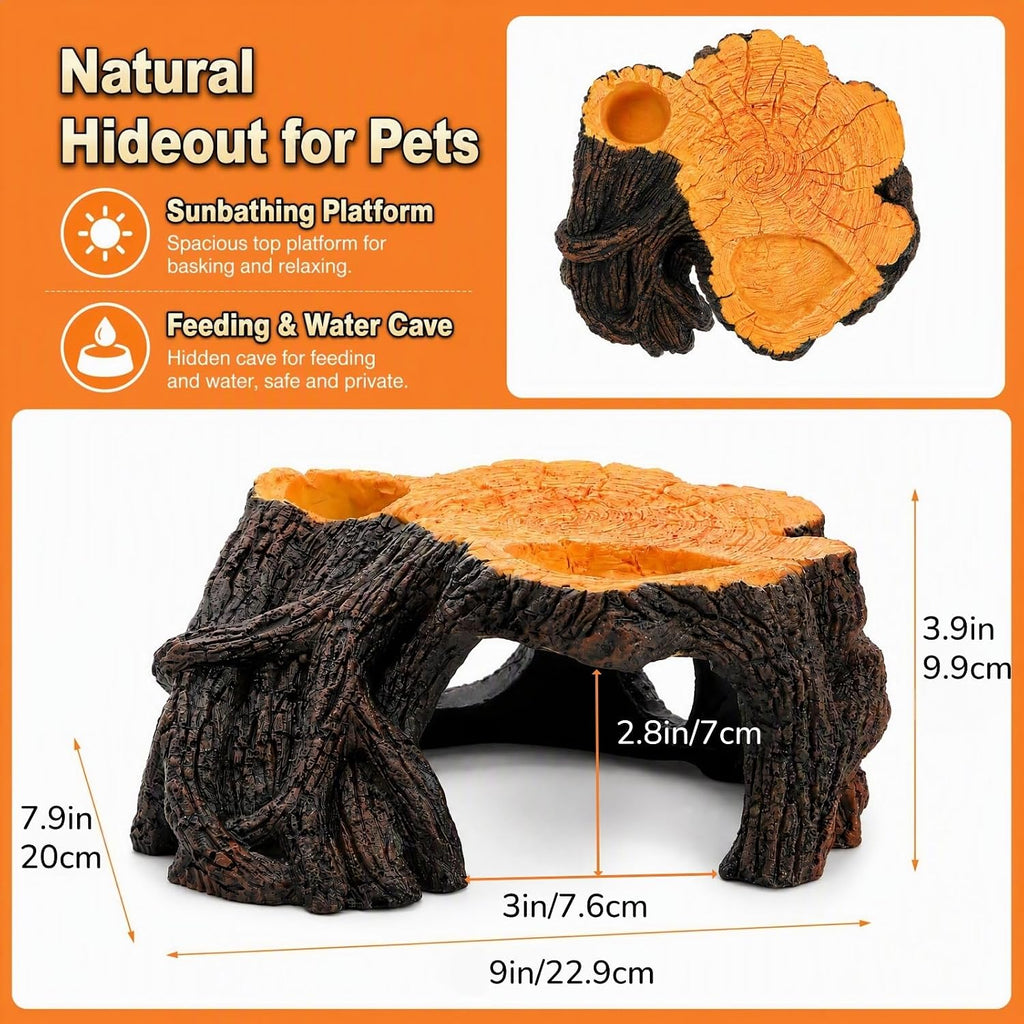 Reptile Hide Cave, 3 in 1 Tree Stump with Basking Platform