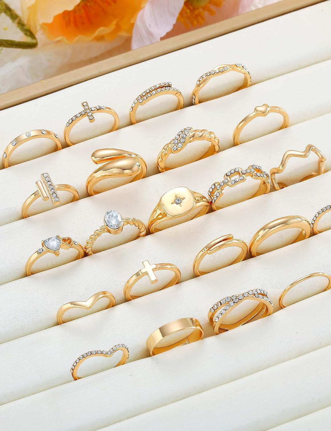 Gold Stackable Rings Set for Women, Gold Plated Chunky Crystal Finger Midi Stacking Rings, Dainty Statement Thumb