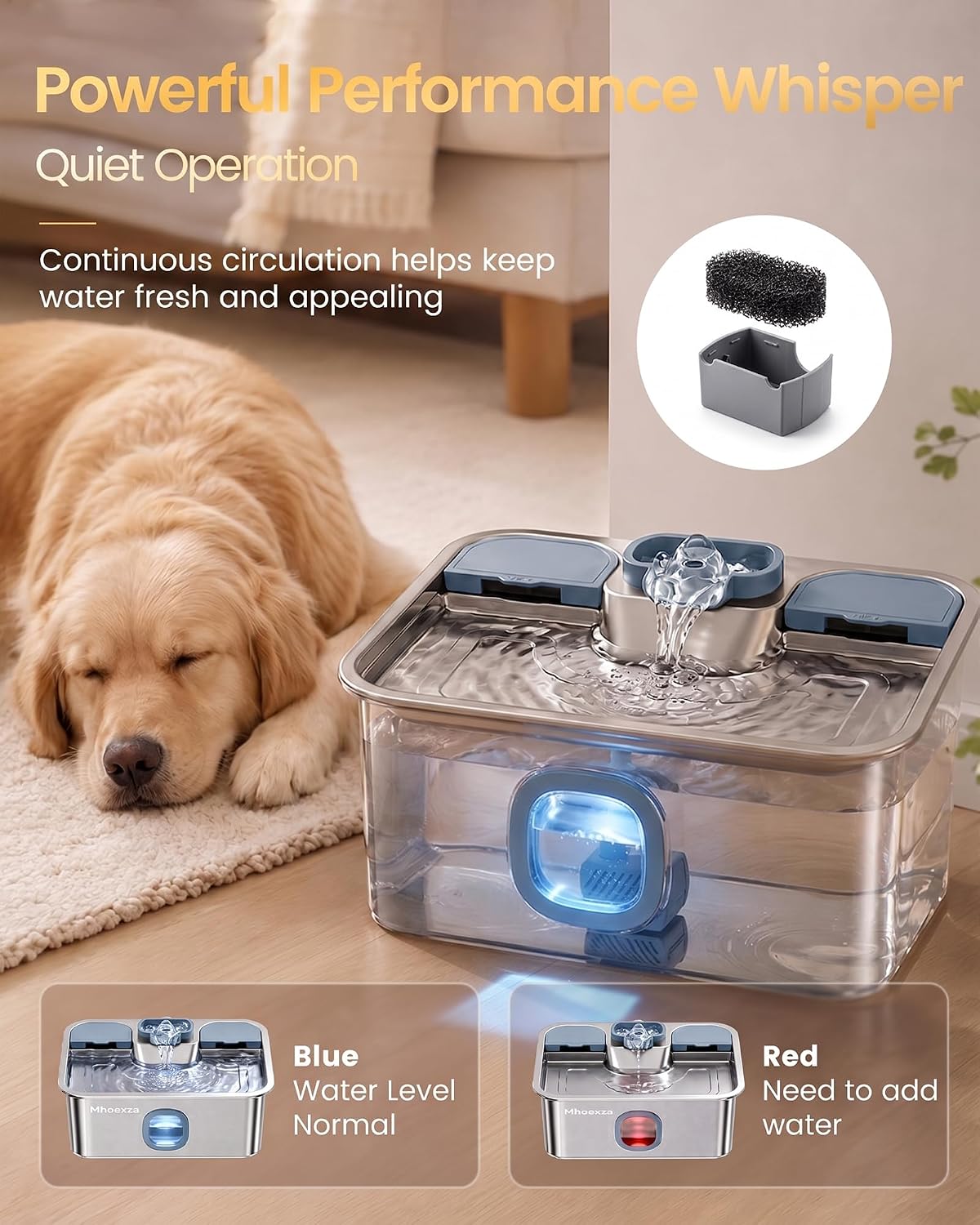 16L Stainless Steel Dog Water Fountain with Dual 5-Layer Filtration System