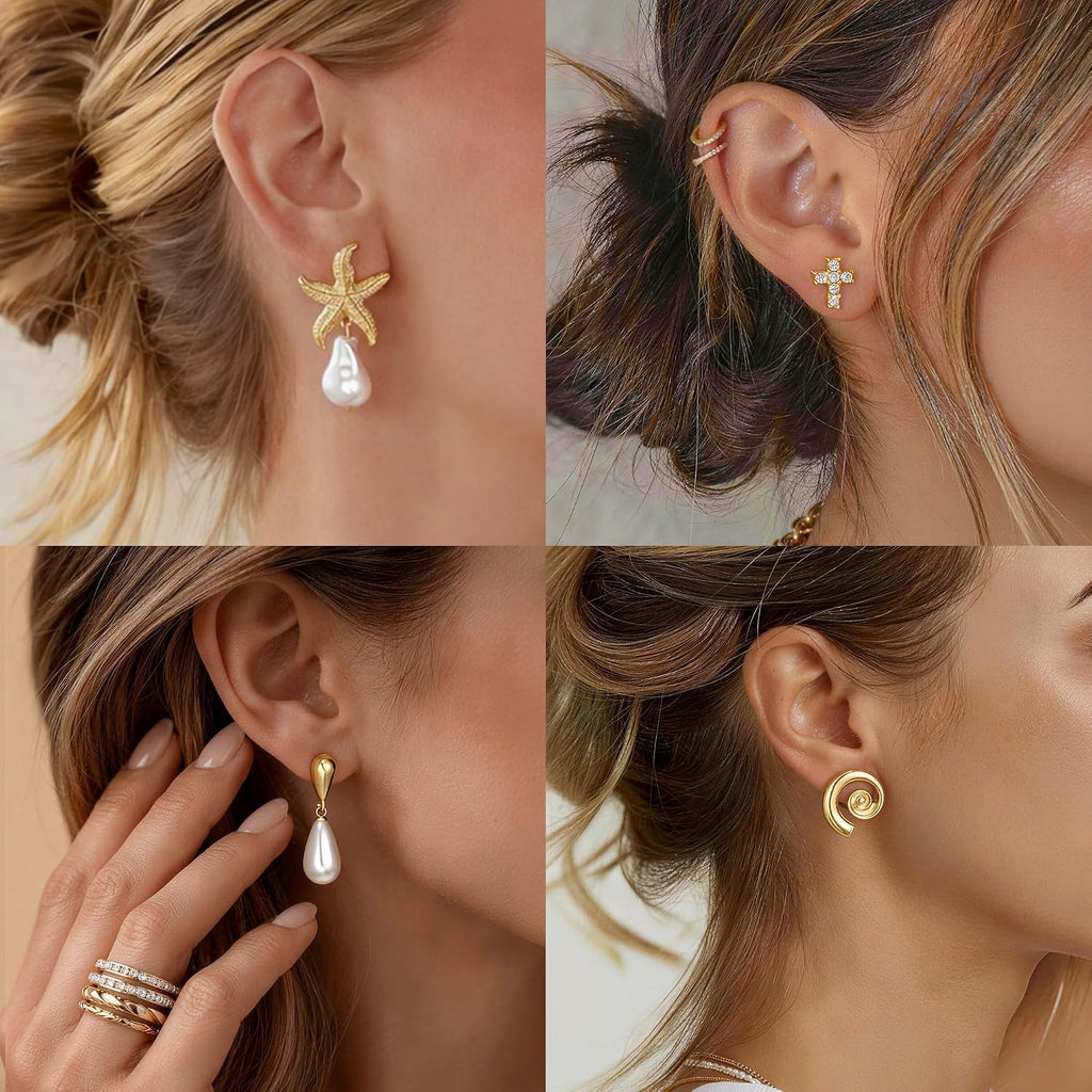 84 Pairs Gold Stud Earrings Set for Women Multipack, Fashion Pearl Cubic Zirconia Butterfly Earrings Packs Piercings