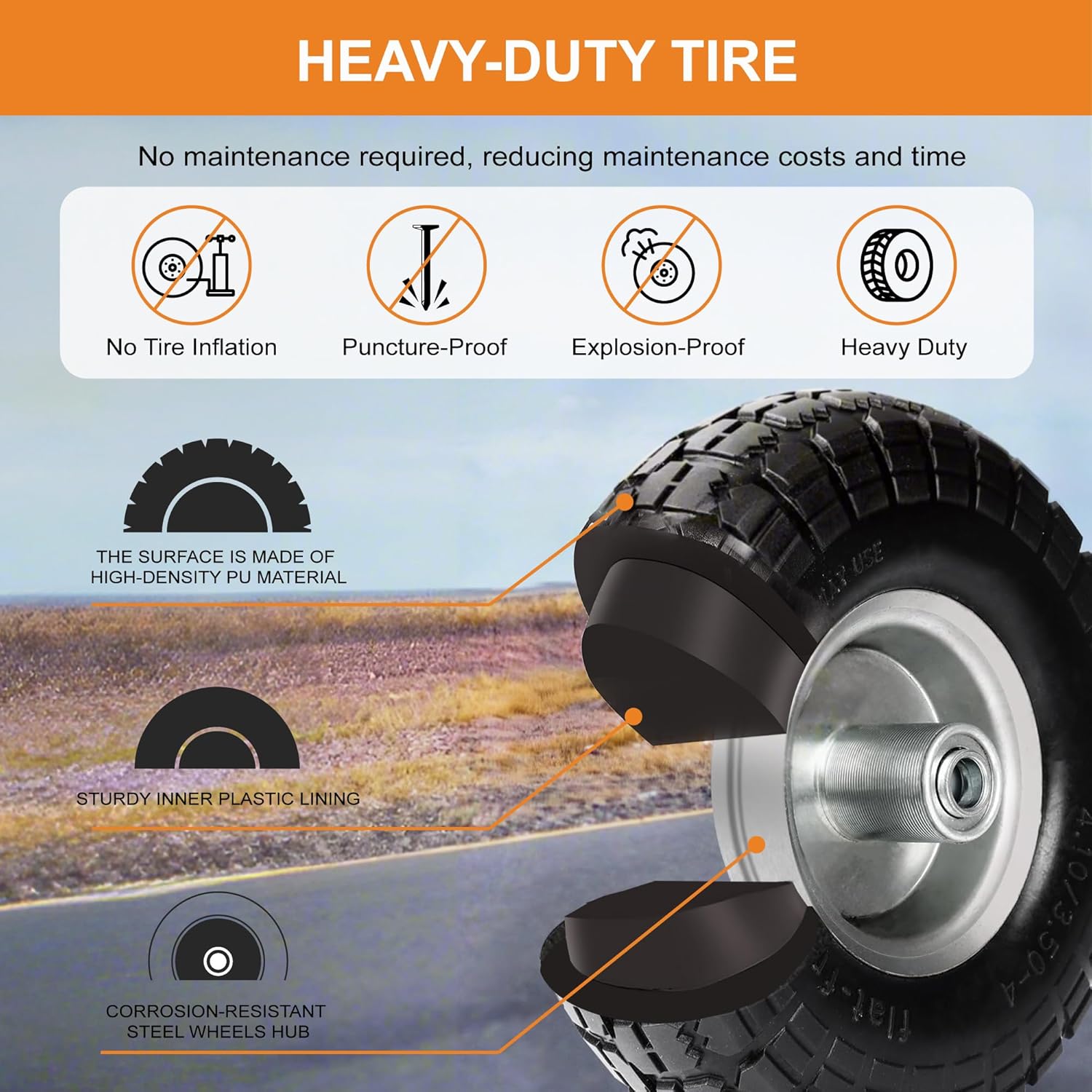 4.10/3.50-4 Tire and Dolly Wheel Flat Free - Solid Rubber Hand Truck Wheels 5/8" Axle - Gorilla Cart Tires