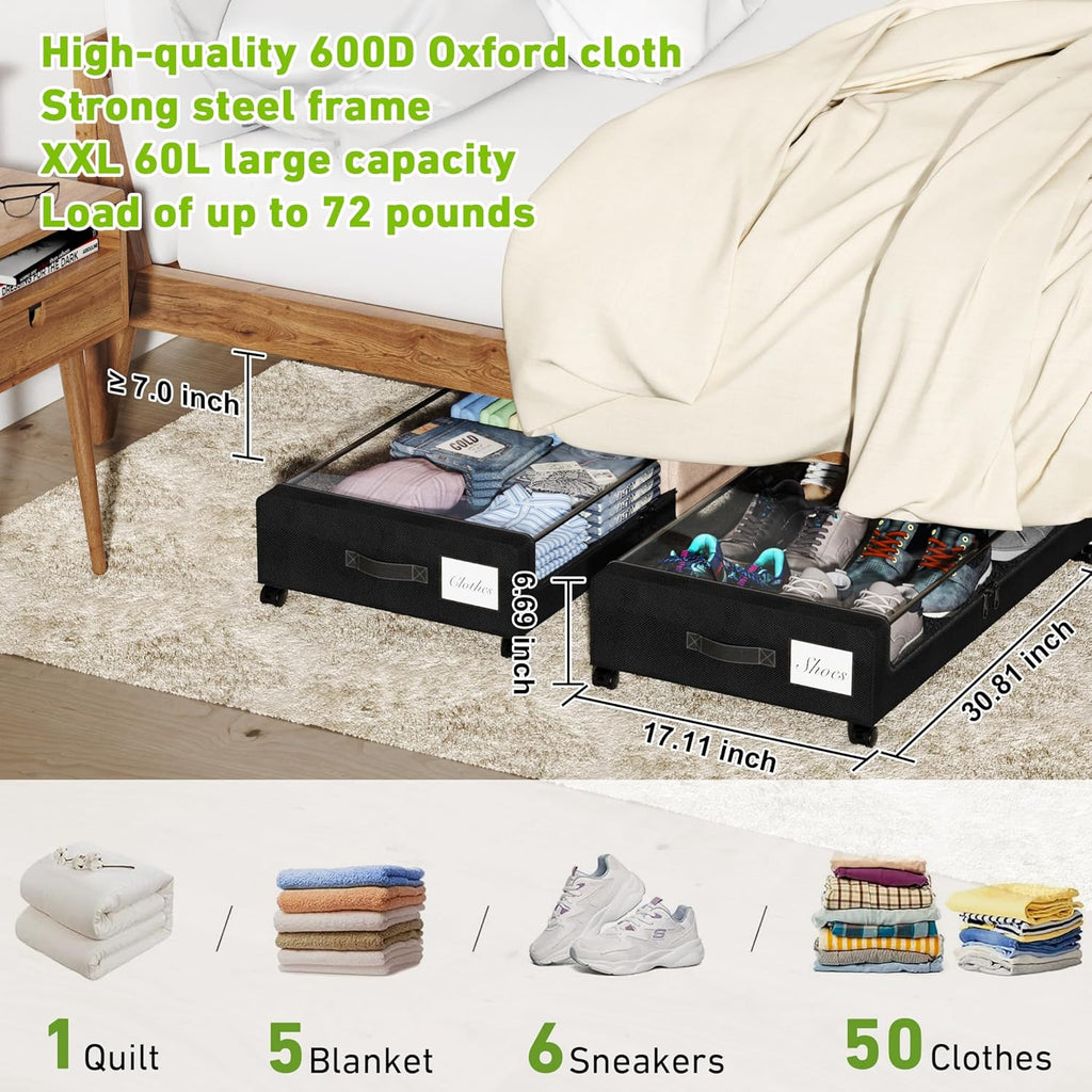 Under Bed Storage with Wheels, 2-Pack Under the Bed Storage Containers with Clear Lids & Label, Underbed Storage