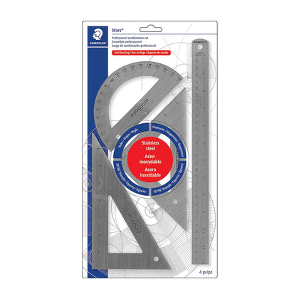 Stainless Steel Math Set - With 12in Ruler, 2 Triangle Set Squares (45/90° & 30/60°), 6in Protractor - Precision