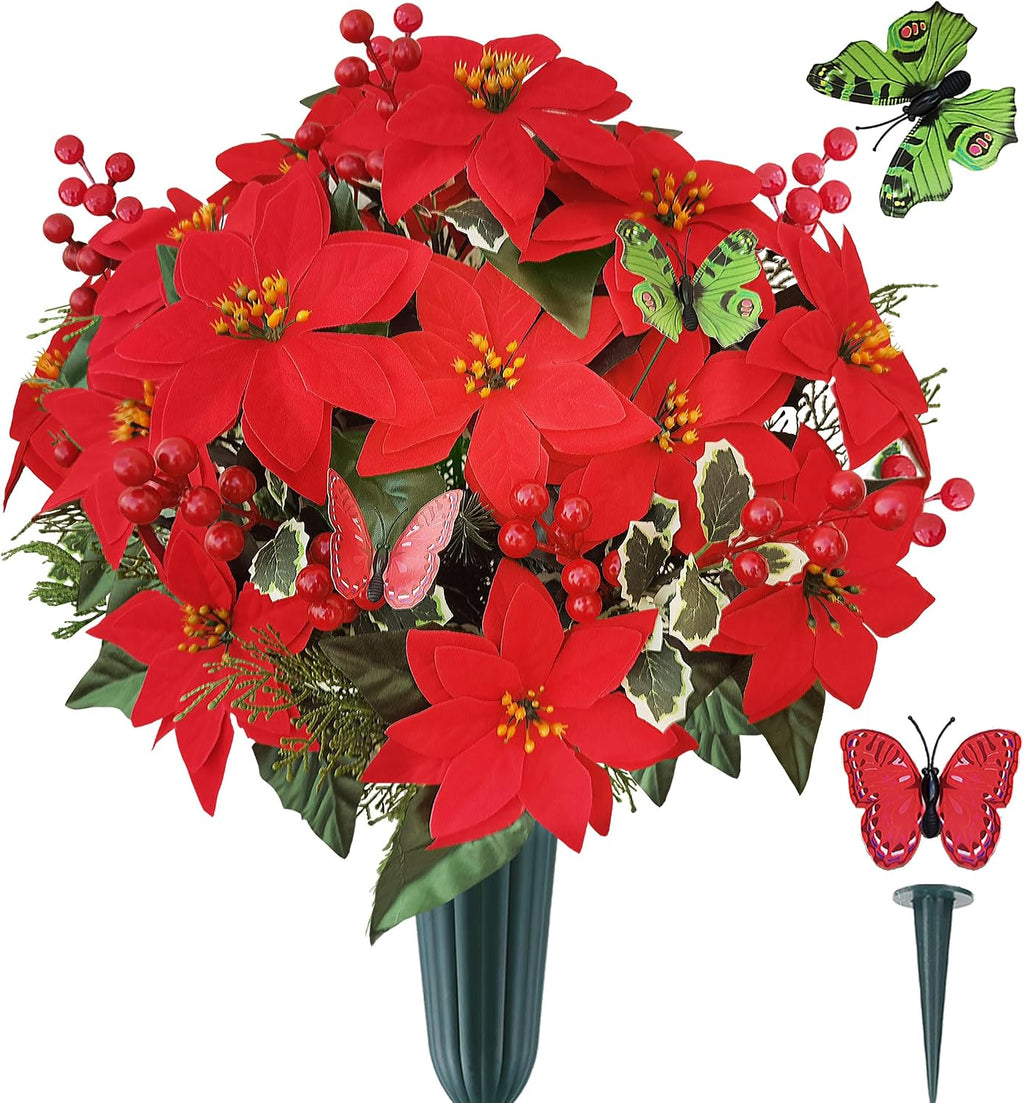 Christmas Cemetery Flowers for Grave- Poinsettia Artificial Flower with Vase for Headstones Graveyard Graveside