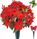 Christmas Cemetery Flowers for Grave- Poinsettia Artificial Flower with Vase for Headstones Graveyard Graveside