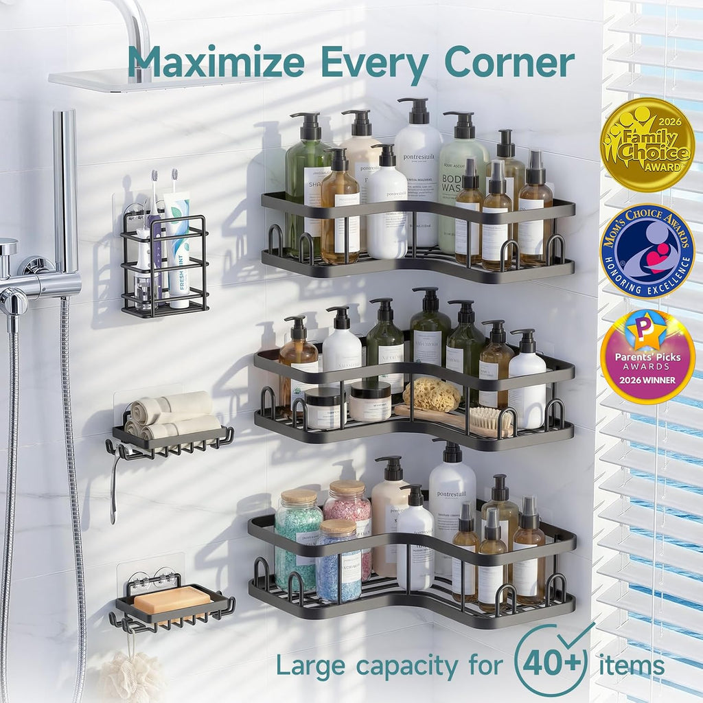 Large Capacity Corner Shower Caddy 6-Pack, Advanced Rustproof Design | No Drilling Adhesive Shelves, High-Load Rack