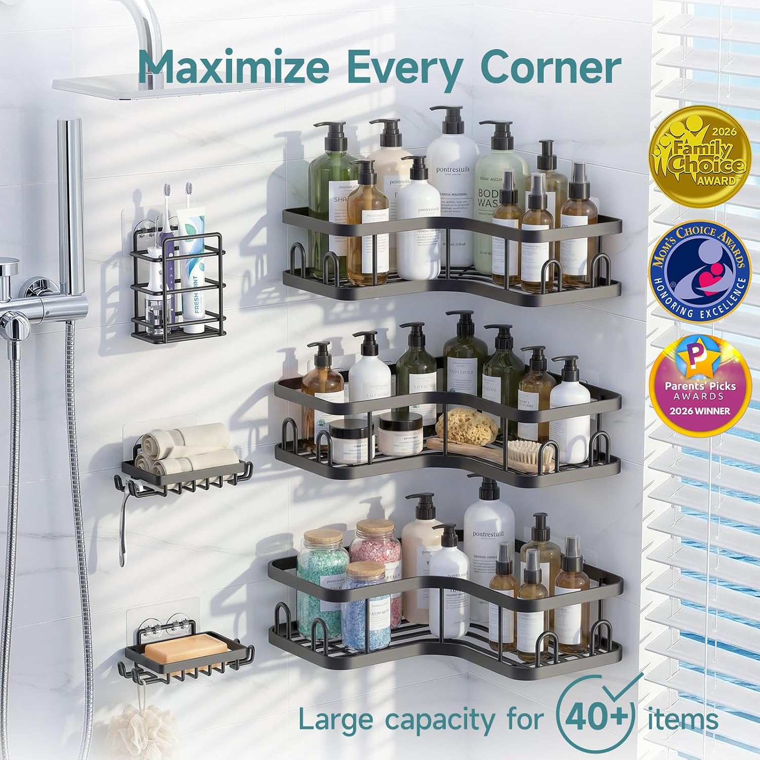 Large Capacity Corner Shower Caddy 6-Pack, Advanced Rustproof Design | No Drilling Adhesive Shelves, High-Load Rack