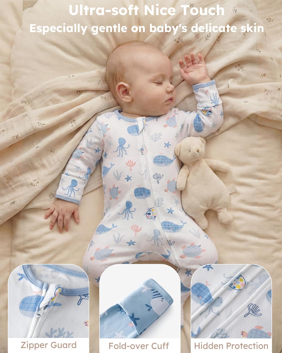 Baby Sleepers 100% Cotton Footie Pajamas, Newborn 0-3 3-6 6-9 Months with 2-Way Zipper, 2pcs PJs Baby Boy Clothes