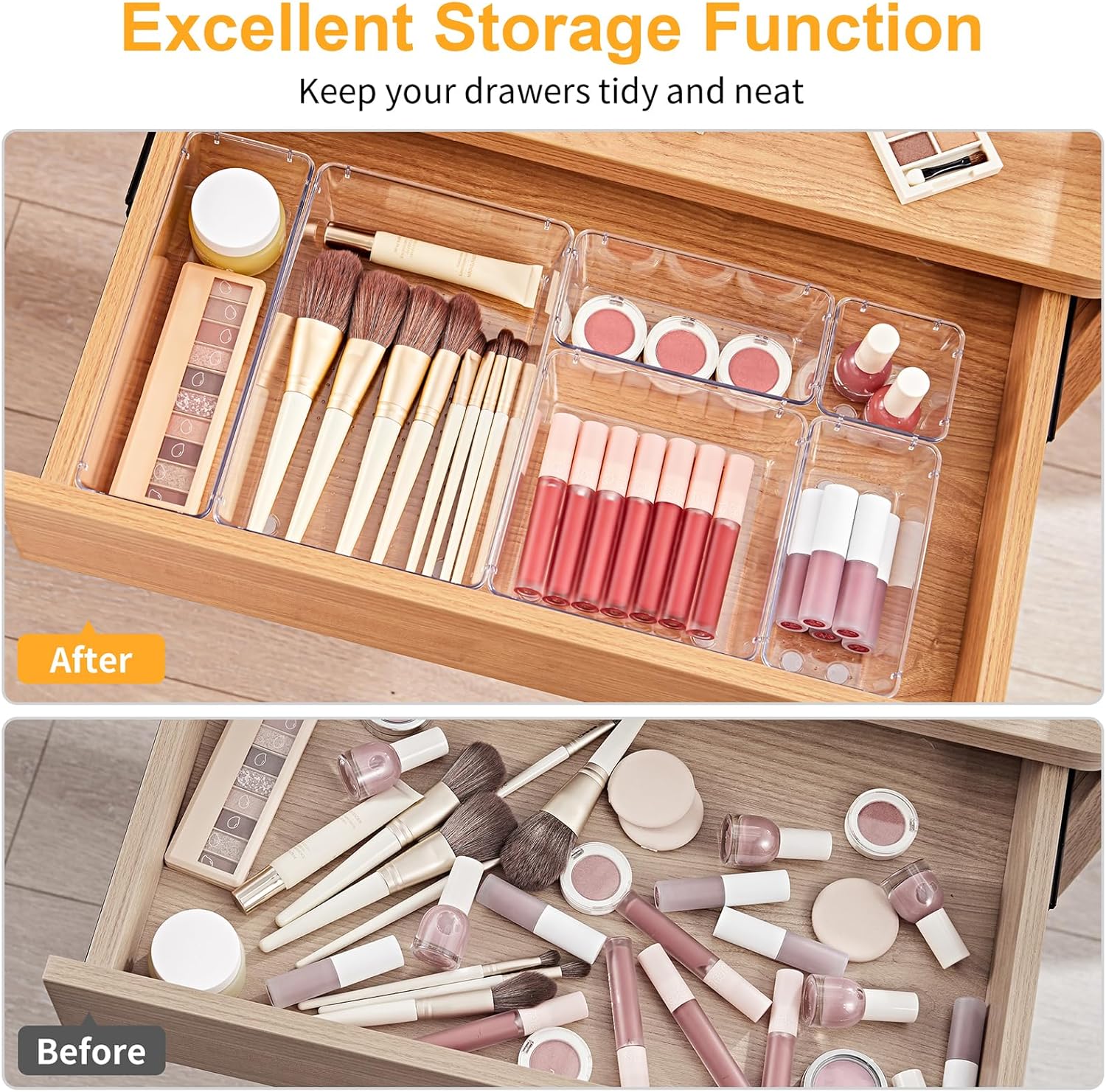 13-Piece Drawer Organizers with Non-Slip Silicone Pads, 5-Size Desk Bathroom Drawer Organizer Trays Storage Tray for