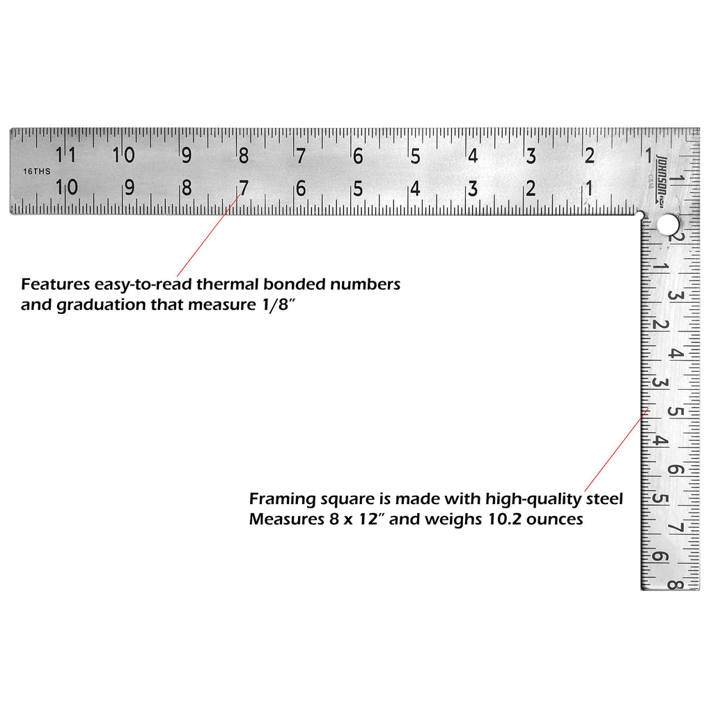 Johnson Level & Tool CS10 Professional Easy-Read Steel Carpenter Square, 8" x 12", Silver, 1 Square