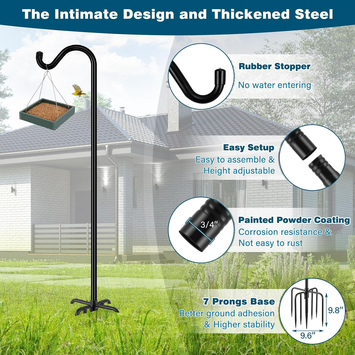 Shepherds Hook for Outdoor, 92 Inch Bird Feeder Pole with 7 Prongs Base, 3/4 Inch Thick Heavy Duty Adjustable Garden