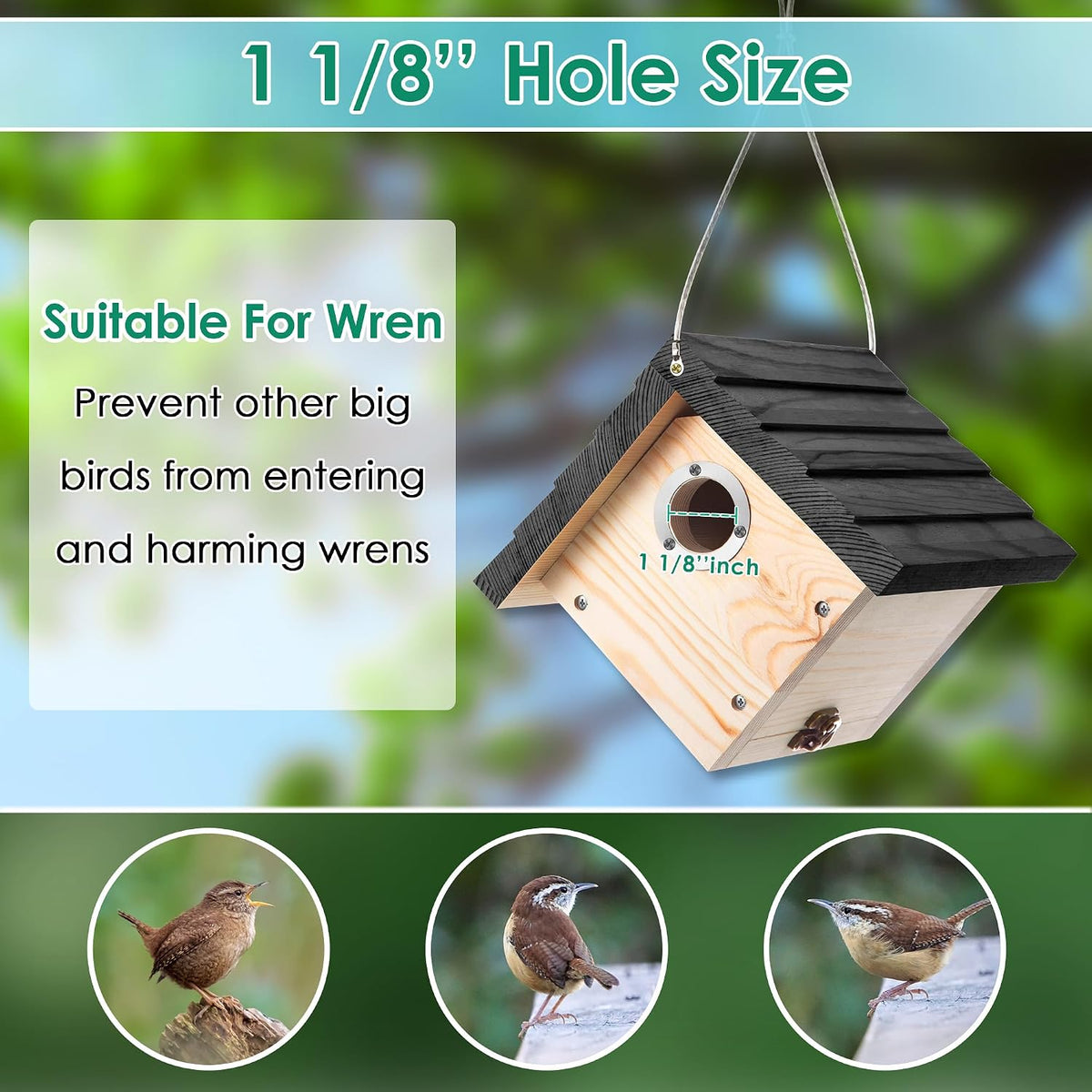 2 Pack Wren House, 1-1/8'' Entrance Hole Hanging Wooden Wren Bird Houses for Outside with Metal Guard, Air Vents
