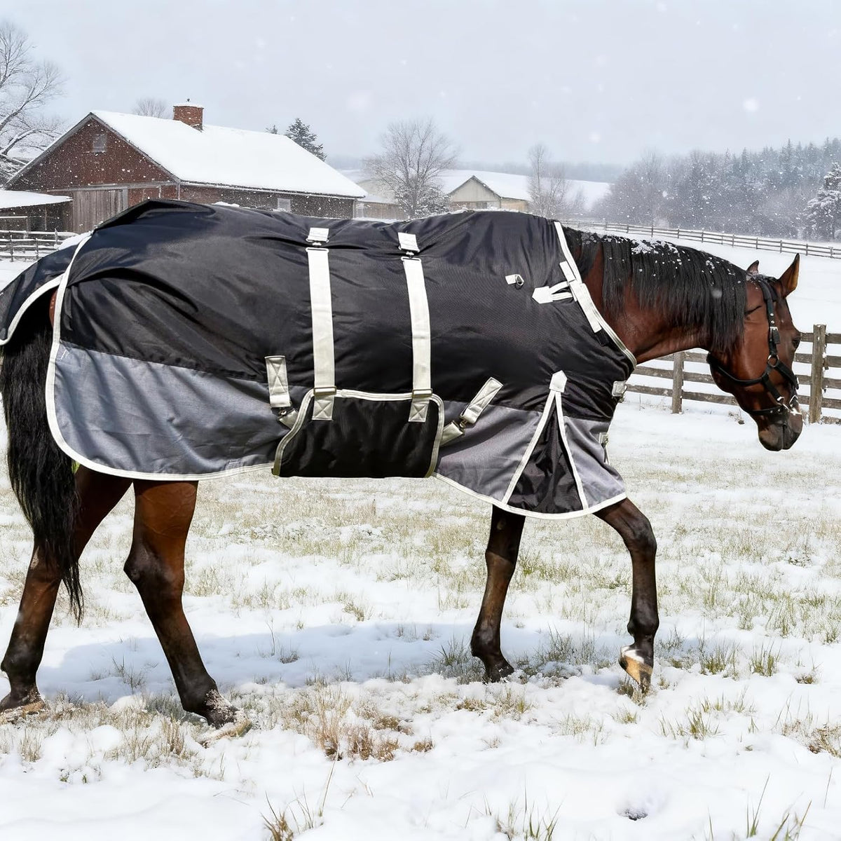 1200D Turnout Horse Blanket with Belly Wrap, Black/Gray, 72IN