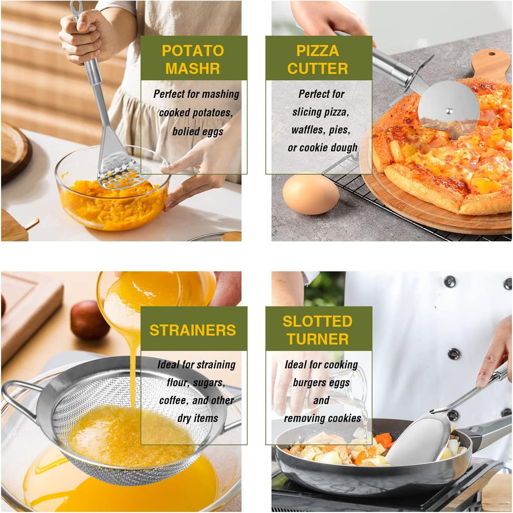 Stainless Steel Kitchen Utensil Set- Fungun 28 Pcs Cooking Nonstick Cookware Set with Spatula - Best Gadgets Tools