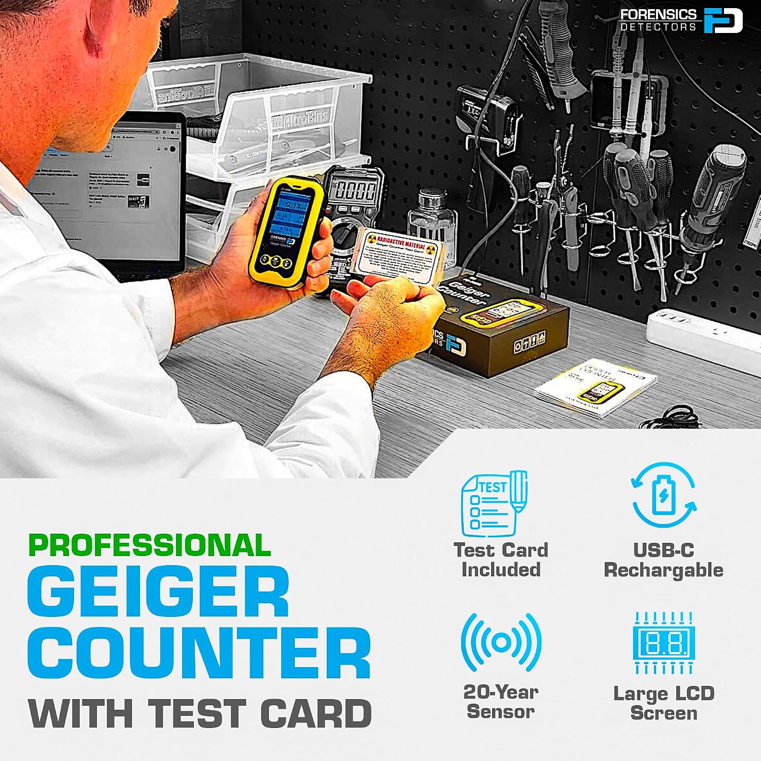 Geiger Counter + Radiation Test Card | Upgraded 20-Year Sensor Life | Radiation Detector | Beta, Gamma, & X-Rays |