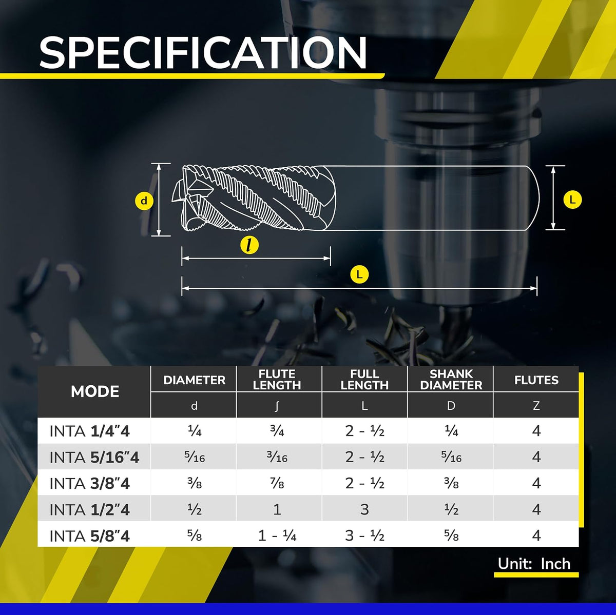 SPEED TIGER INTA Carbide Roughing End Mill - for Alloy Steels/Hardened Steels - Micro Grain Carbide End Mill - ZrN-A Coating - 4-Flute - INTA1/4-4 (1 Piece, 1/4")