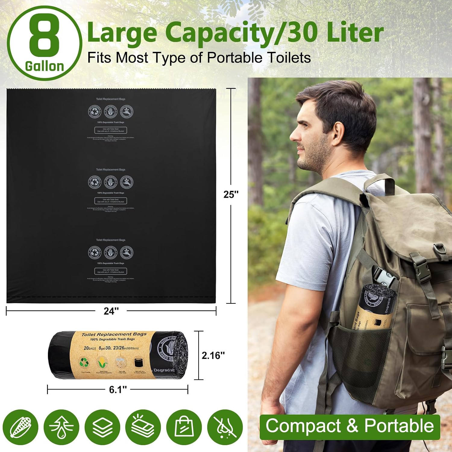 Camping Toilet Bags Absorbent Gel Set, Portable Toilet Bags with Gel, 8 Gallon, 30 Liter, Heavy Duty 1 Mil, Toilet