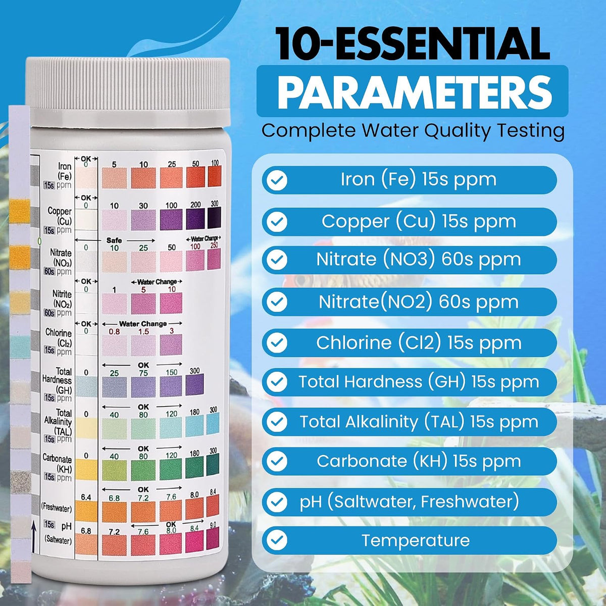 10 in 1 - Aquarium Test Strips | 100 Fast & Accurate Strips | Fish Tank Aquariums Water Test Kit & ebook | Aquarium