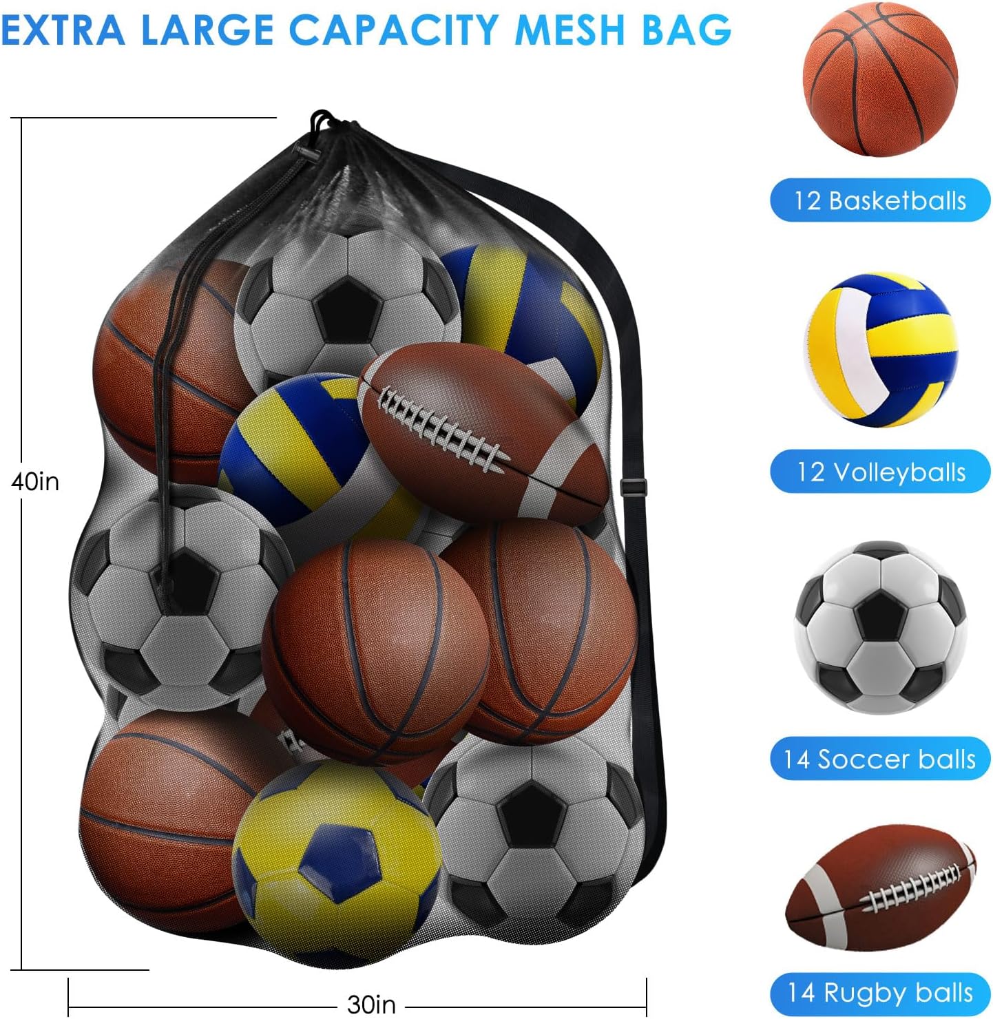 Extra Large Sports Ball Bag Mesh, Basketball Bags Team Balls, Adjustable Shoulder Strap, Ball Bags for Holding