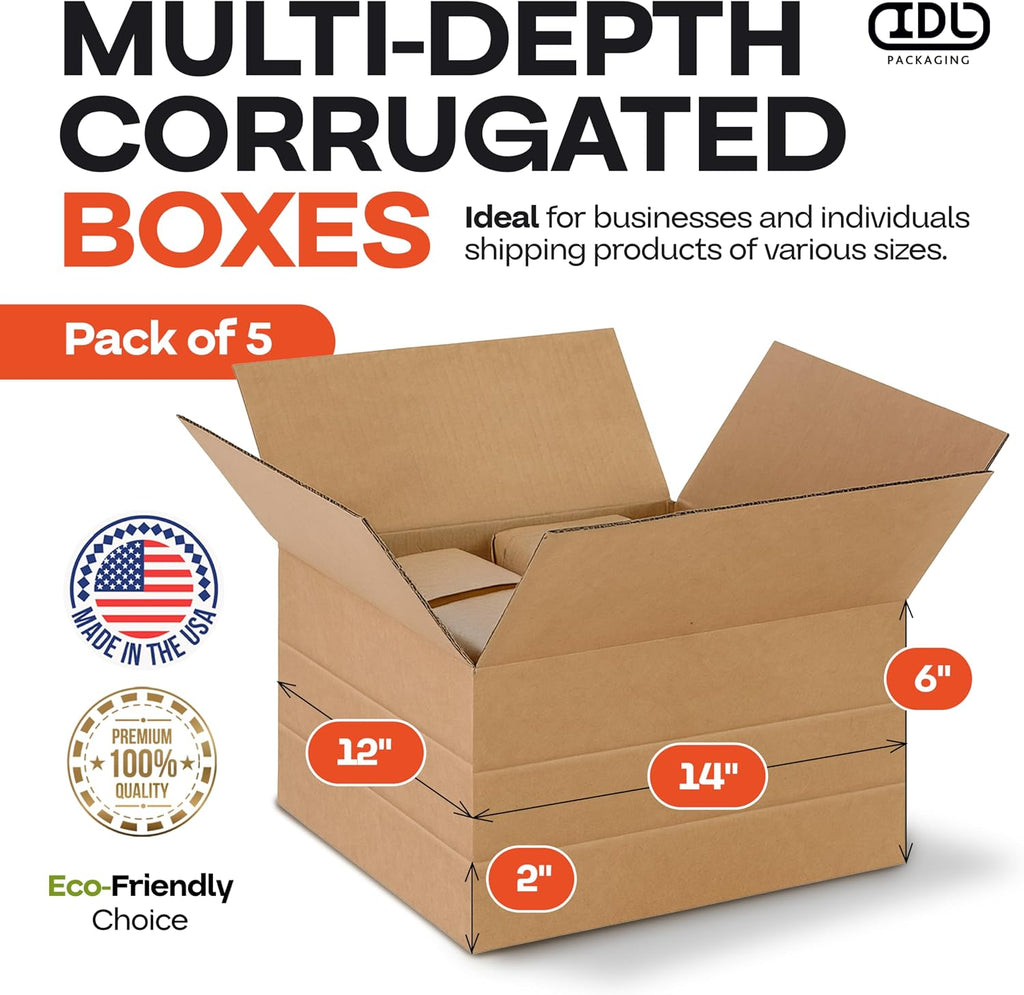 Multi-Depth Corrugated Shipping Boxes 14"L x 12"W x 6"H, 5-Pack
