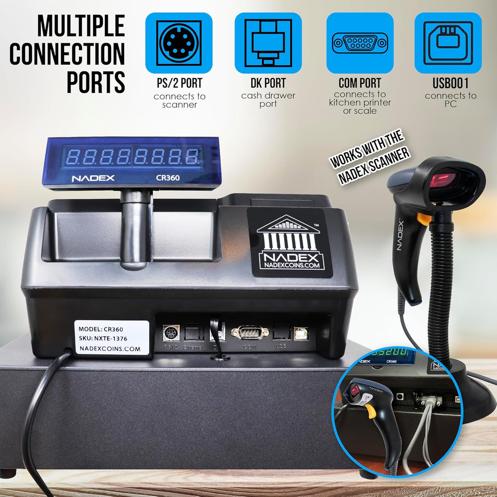 CR360 Cash Register, 4700 Lookups 50 Dept 50 Clerks, Quick Load Thermal Printer, Compact Size, Cash and Coin Drawer