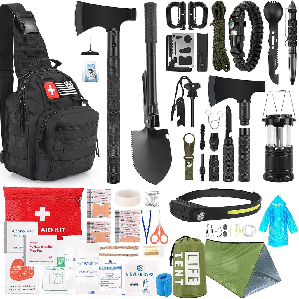 Survival Kit, 268 Pcs Emergency Survival Gear and Equipment Supplies with First Aid Kit, Camping Axe, Headlamp