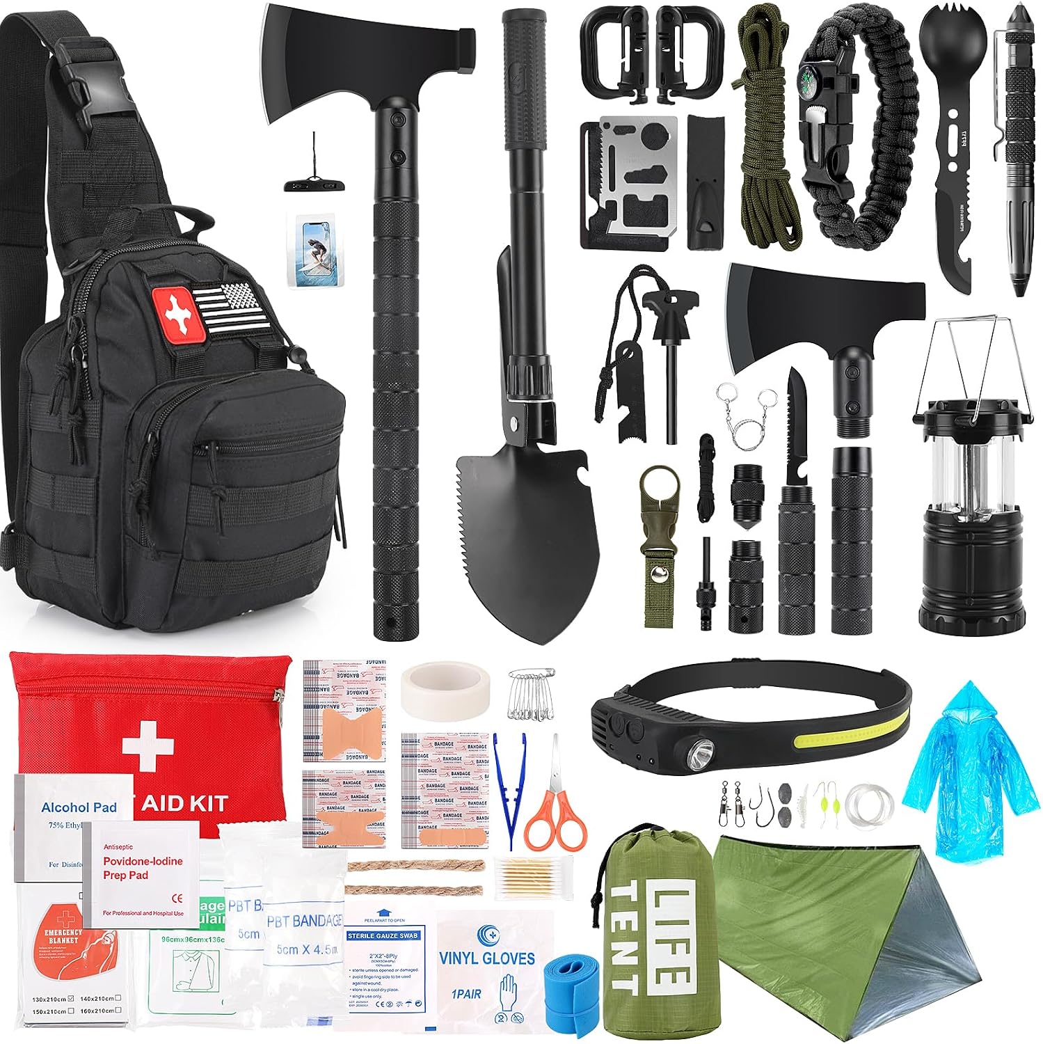 Survival Kit, 268 Pcs Emergency Survival Gear and Equipment Supplies with First Aid Kit, Camping Axe, Headlamp