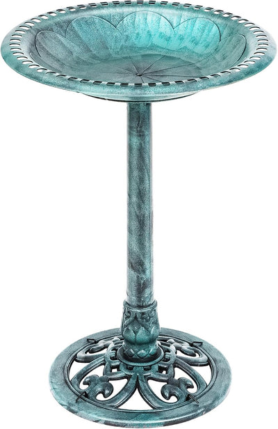 28 Inch Height Polyresin Bird Bath Antique Outdoor Garden Decor Vintage Yard Art, Green