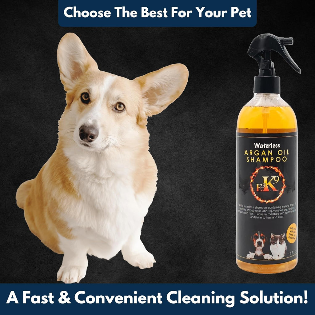 K9 Waterless Dog Shampoo 16 oz - Argan Oil Scented Dry Shampoo for Dogs & Cats - No Rinse - Waterless Pet Shampoo for