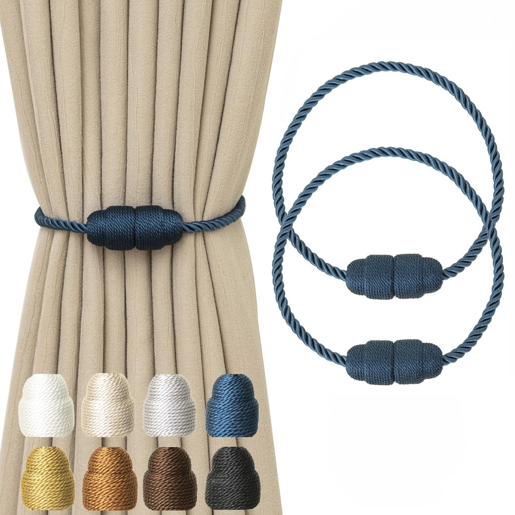 Magnetic Curtain Tiebacks - Rope Tiebacks for Curtains & Drapes, Decorative Window Holdbacks (2 Pack, Blue)