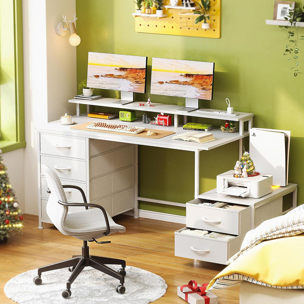 52 Inch Office Desk with 6 Drawers and Printer Space for Storage, Reversible Computer Desk with Monitor Stand & Power