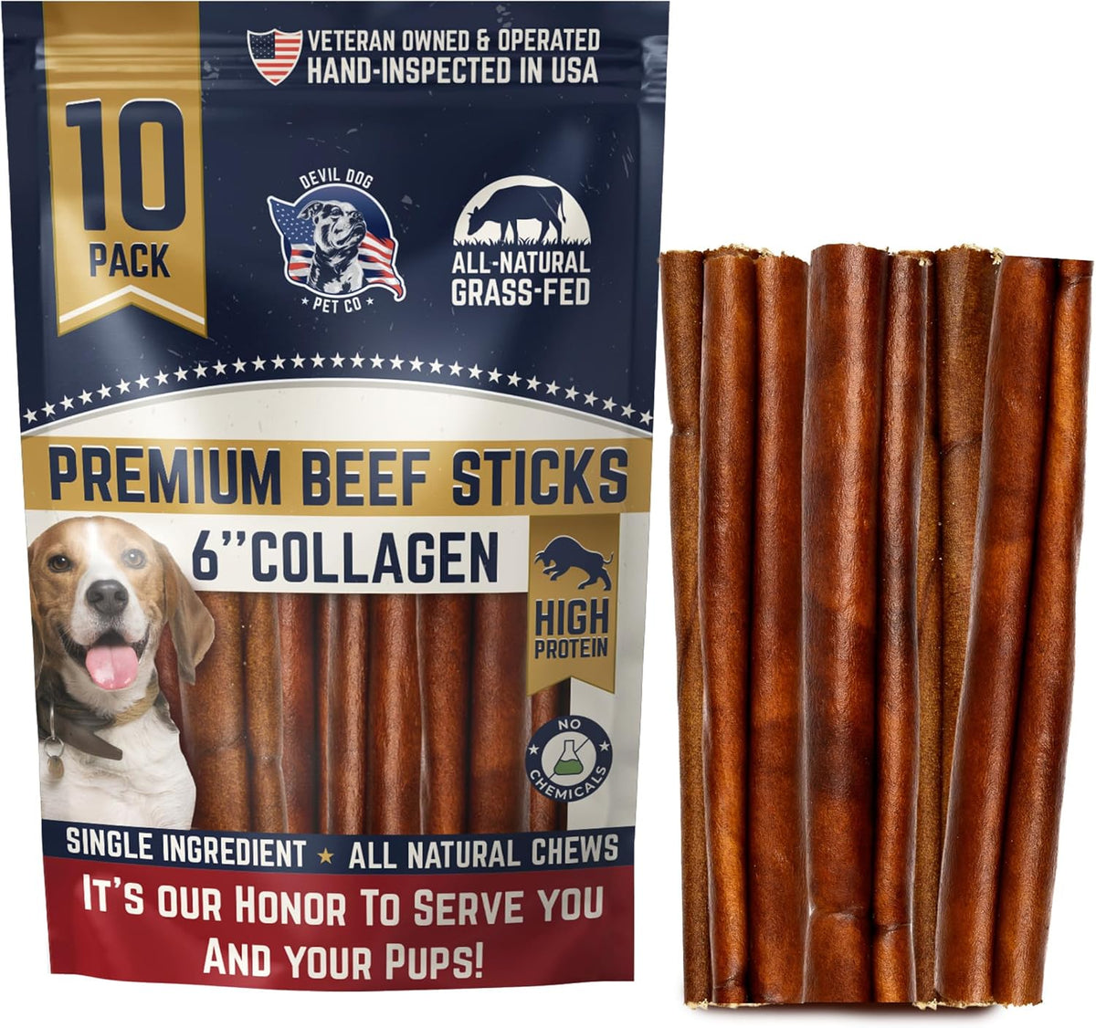 Beef Collagen Sticks for Dogs Rawhide Free 6 Inch 10 Pack