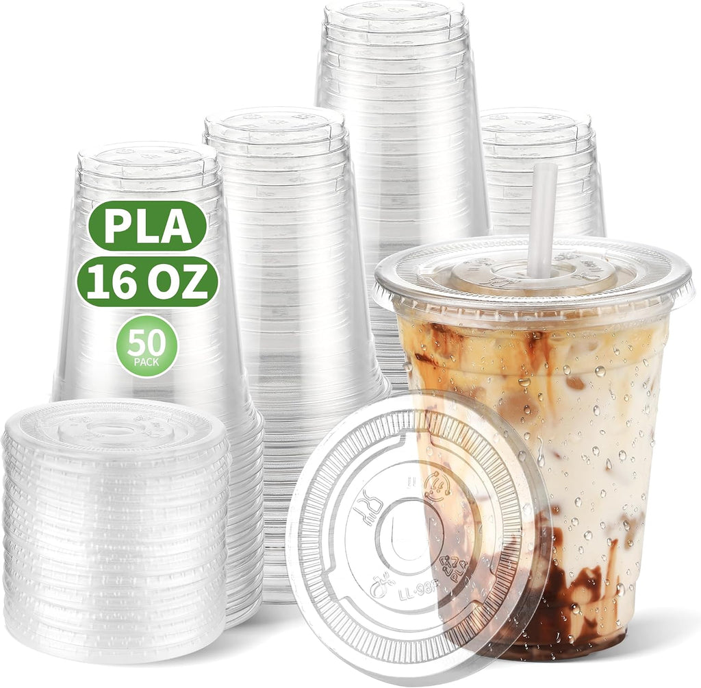 16 OZ Compostable Clear Plastic Disposable Iced Coffee Cups with Flat Lids, Biodegradable Cold Drinking To Go Coffee