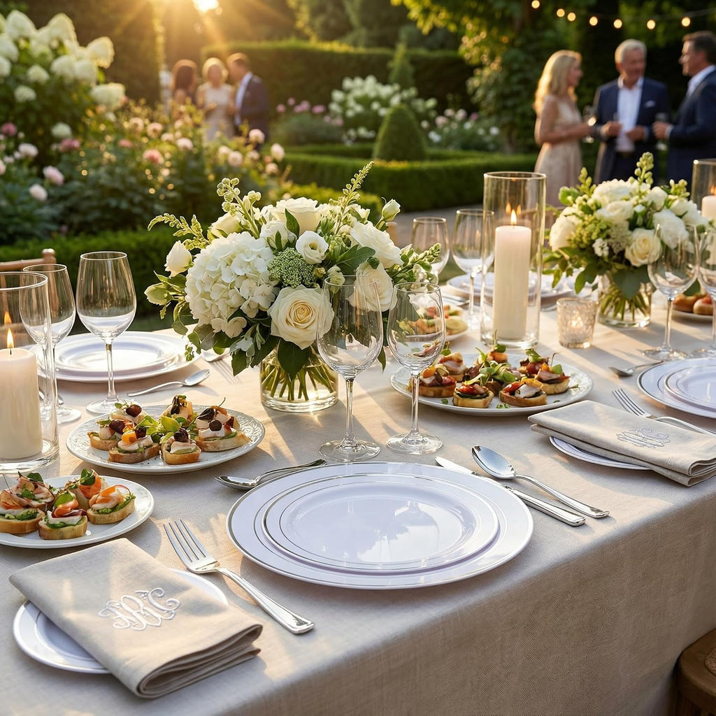200Pcs White and Silver Plastic Dinnerware Set for 25 Guests Party