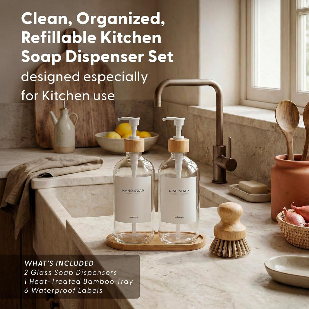 Glass Dish Soap Dispenser for Kitchen Set of 2-16.9oz Clear Dish and Hand Soap Dispenser Set for Kitchen - Clear