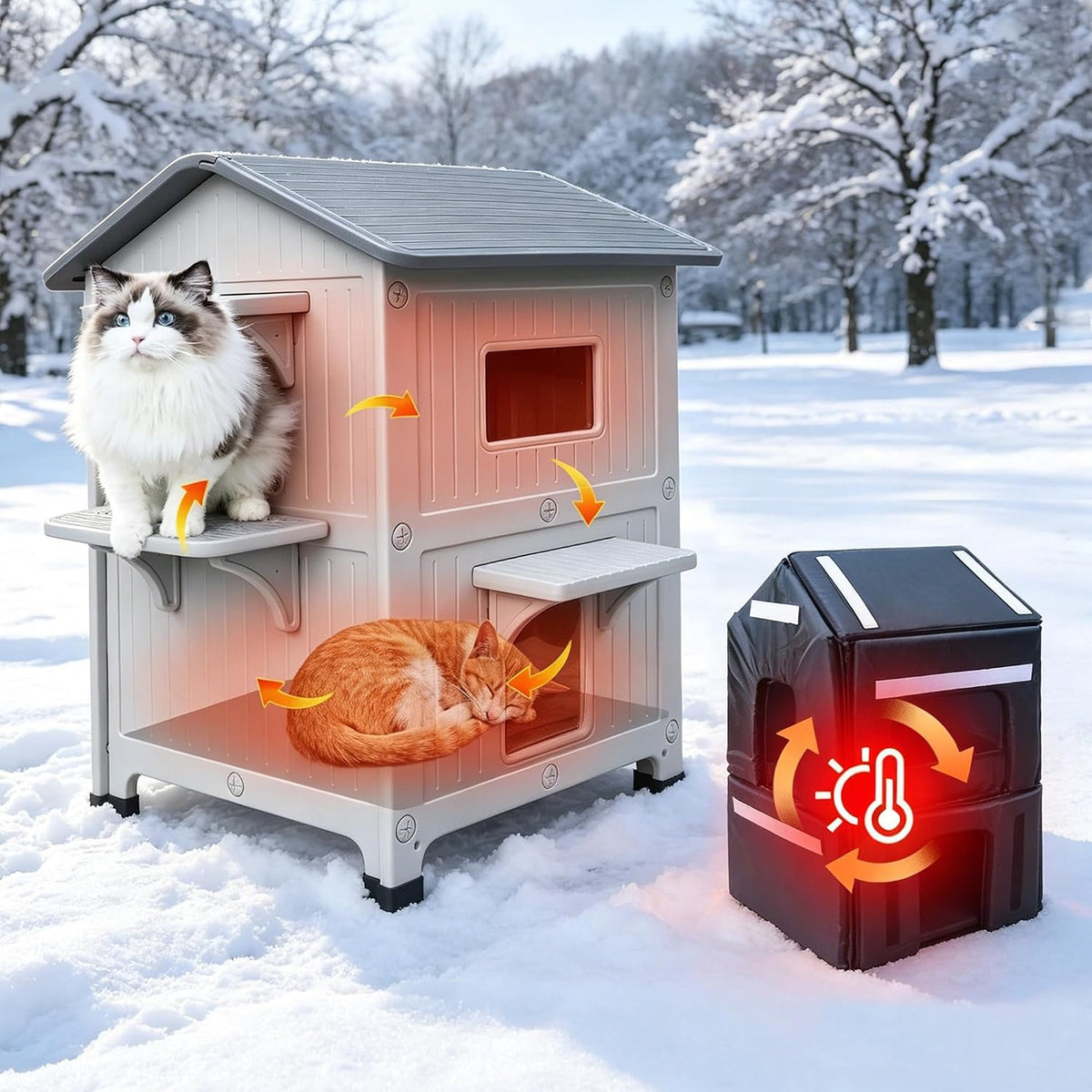 100% Insulated Outdoor Cat Houses for Winter, 2-Story Cat House Escape Door