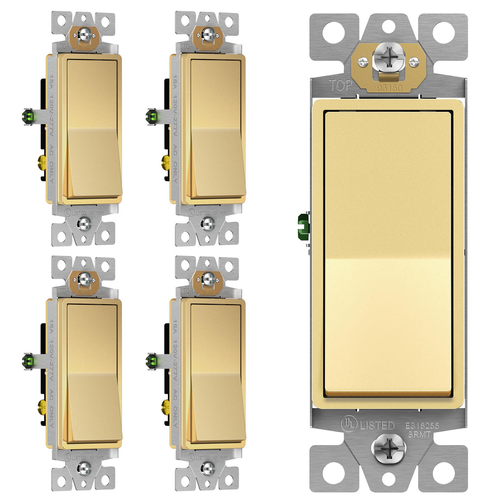 ENERLITES Gold 3-Way Decorator Paddle Rocker Light Switch, 15A, 5 Pack