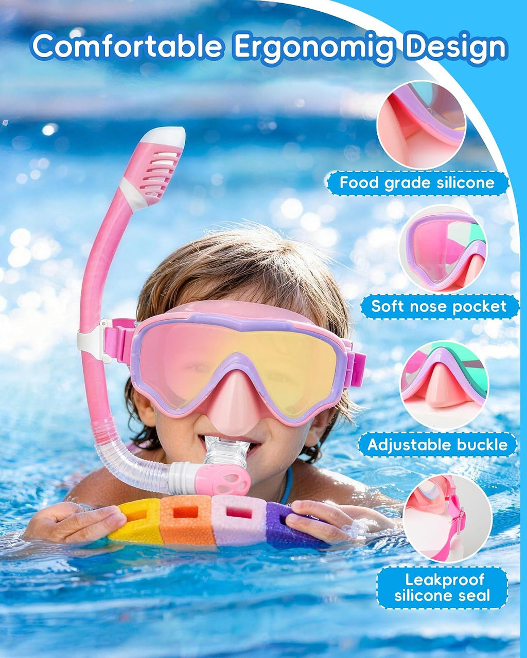 Snorkeling Gear for Kids Age 3-15, 180° Wide View Kids Snorkel Set Dry Top Anti-Fog Diving Mask for Swim Mask Goggles