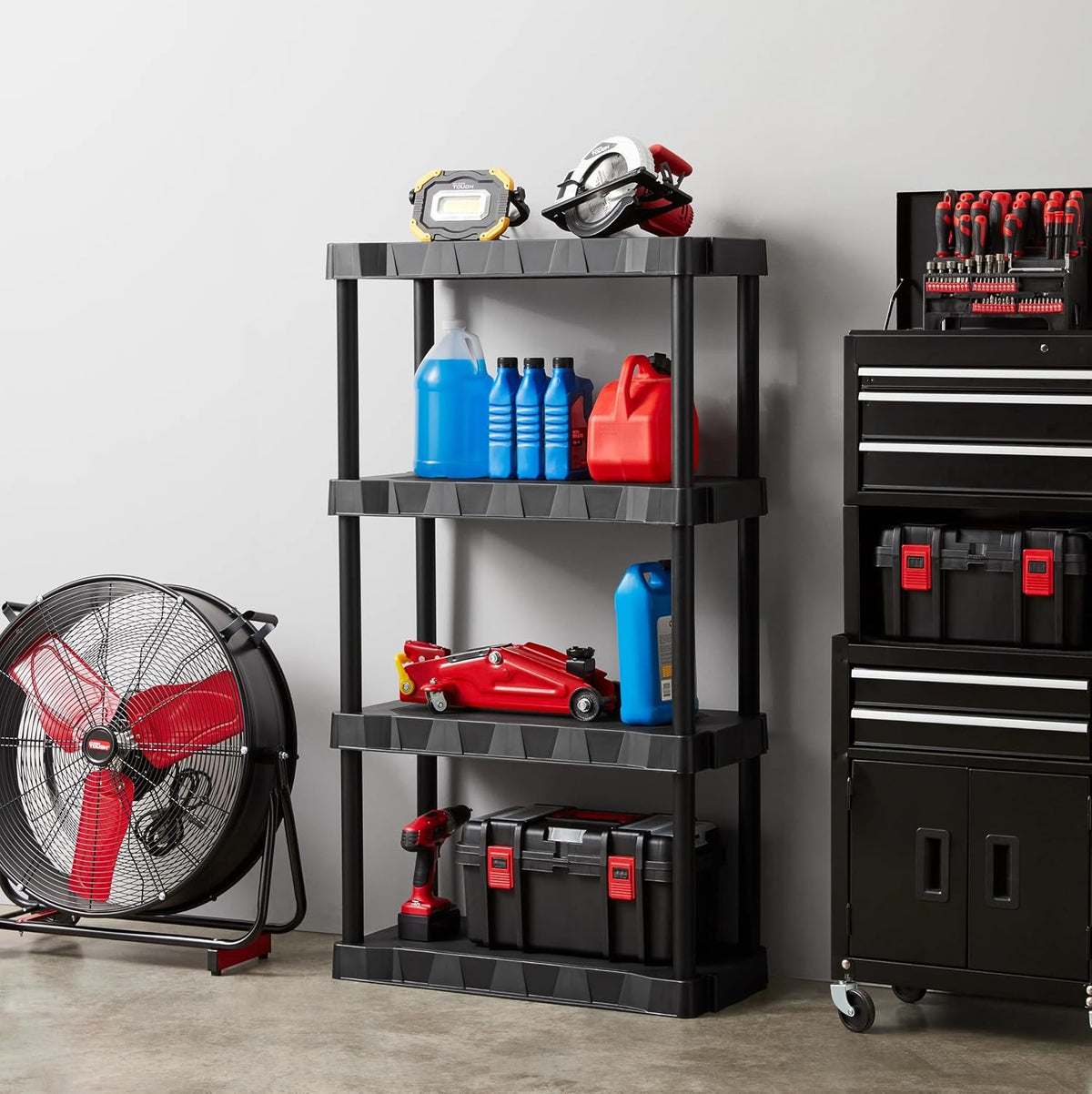 Heavy Duty 4-Tier Storage Shelving Unit, Black Plastic, 30 Inch Wide x 56.2 Inch High, 280 lb Capacity, Tool-Free