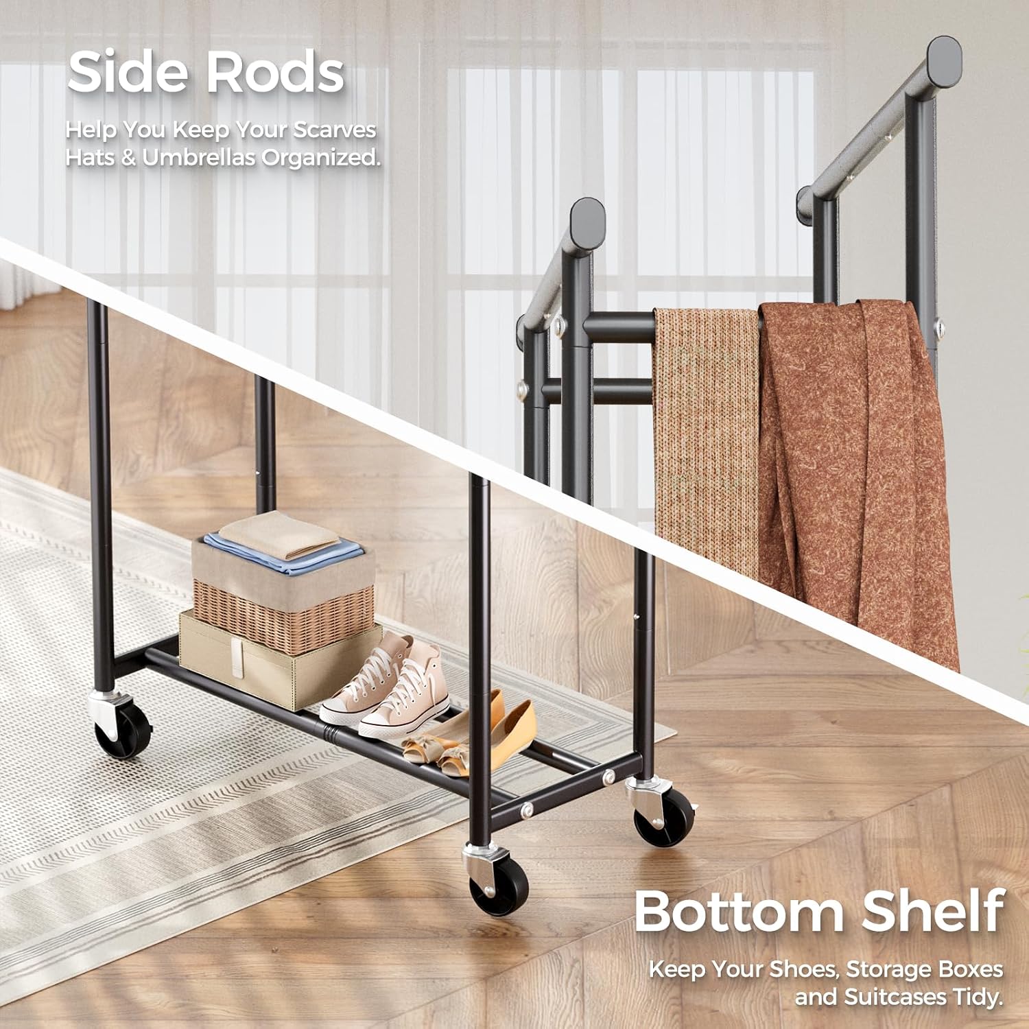 Clothes Rack, Double Rods Rolling Clothing Rack for Hanging Clothes, Portable Garment Rack with Wheels, Coat Rack