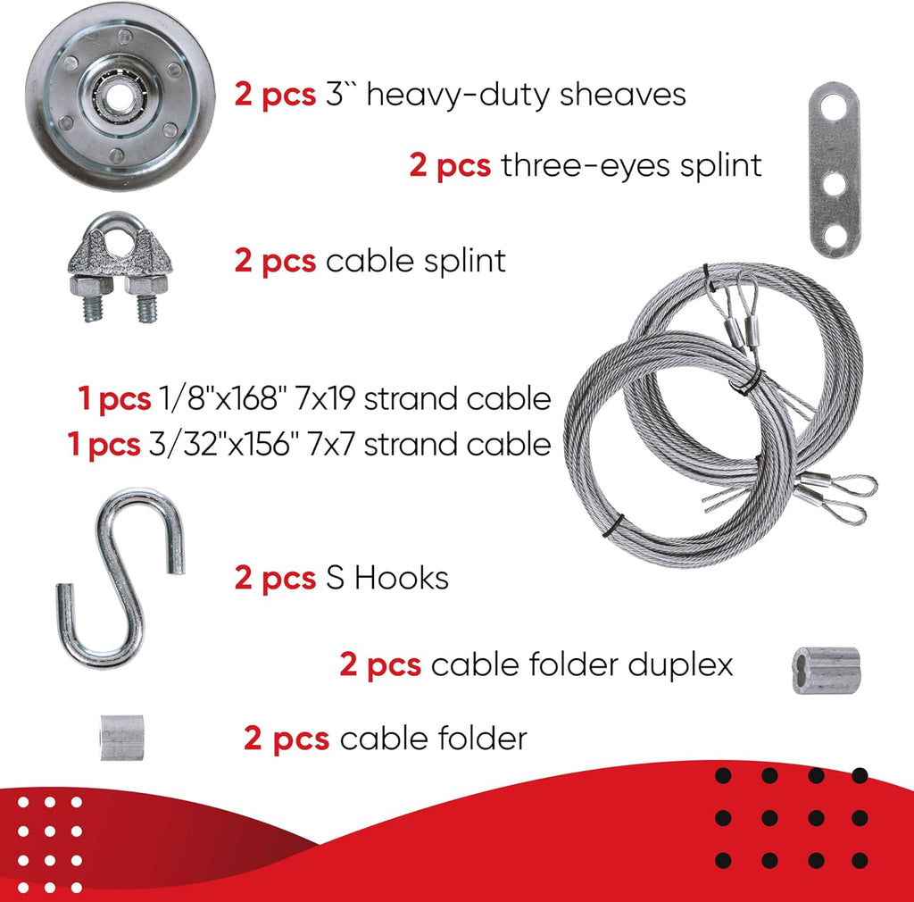 Garage Door Cable Replacement Kit, 1/8 Inch and 3/32 Inch Galvanized Aircraft Cables with 3 Inch Pulleys, 14 Piece