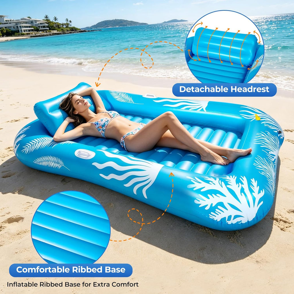 Inflatable Tanning Pool Lounger Float with Sprinkler-6 in 1 Suntan Tub Raft Floatie with Drink Holder Sunbathing
