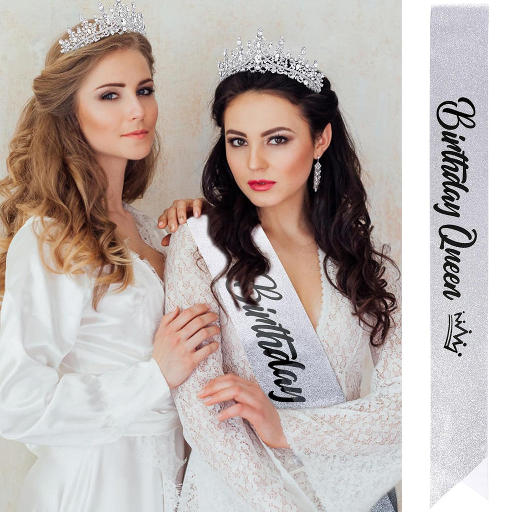 Silver Crystal Birthday Queen Tiara Crowns for Women Girls Birthday Queen Headband Sash Elegant Princess Crown with
