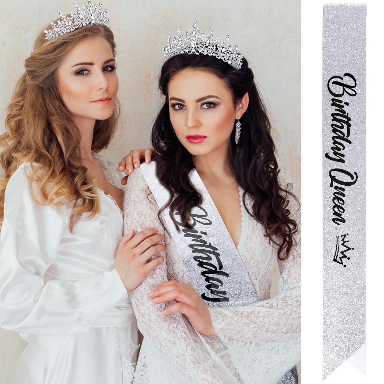 Silver Crystal Birthday Queen Tiara Crowns for Women Girls Birthday Queen Headband Sash Elegant Princess Crown with